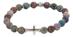 Sterling Silver Cross & Mystic Indian Agate Beaded Bracelet