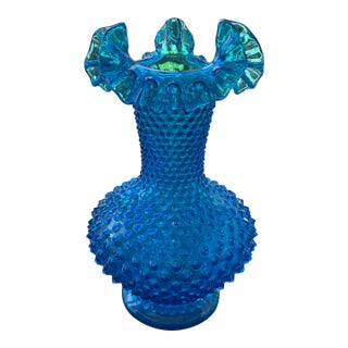 Vintage Fenton Colonial Blue Hobnail Vase Ruffled Glass Vase – Mid-Century Collectible For Sale