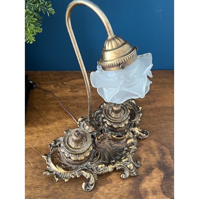 Antique Brass Desk Lamp With Frosted Glass For Sale - Image 12 of 18