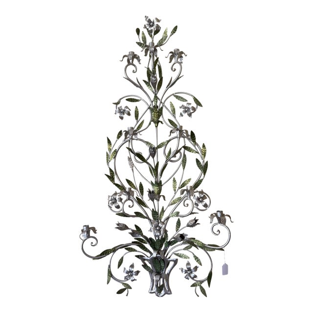 Florentine Style Romantic Metal Vine and Floral Wall 9 Candle Sconces (2) Pair For Sale