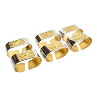 Mid Century Metal Gold and Silver Napkin Rings With Rose Flower Design- Set of 6 For Sale