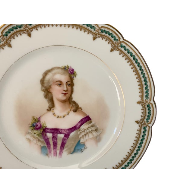 Green 19th C Sèvres Marked Plate Madame Du Barry Signed Debrie Green-Gold Ribbon Made in France c.1890-1910 For Sale - Image 8 of 10