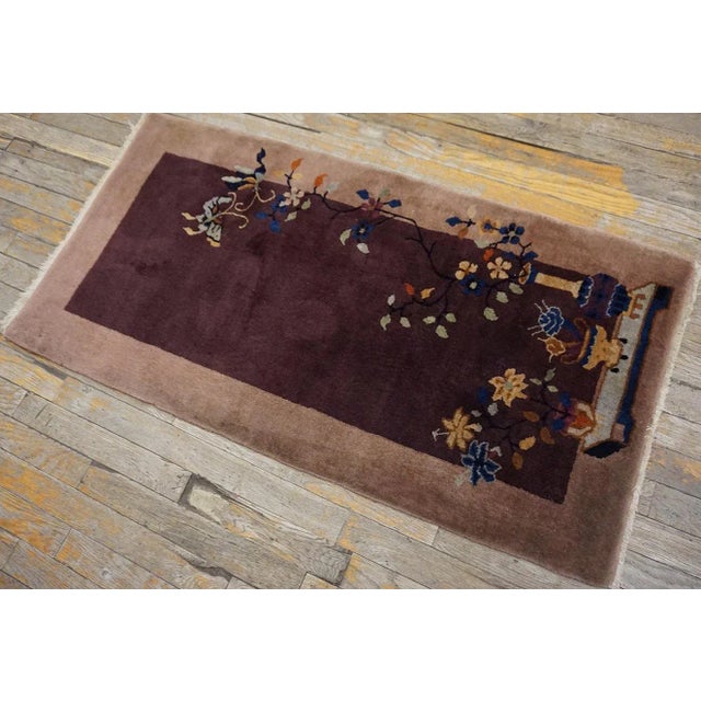 1920s Splendid Plum Ground Flower Design Antique Chinese Art Deco Knotted Rug For Sale - Image 10 of 13