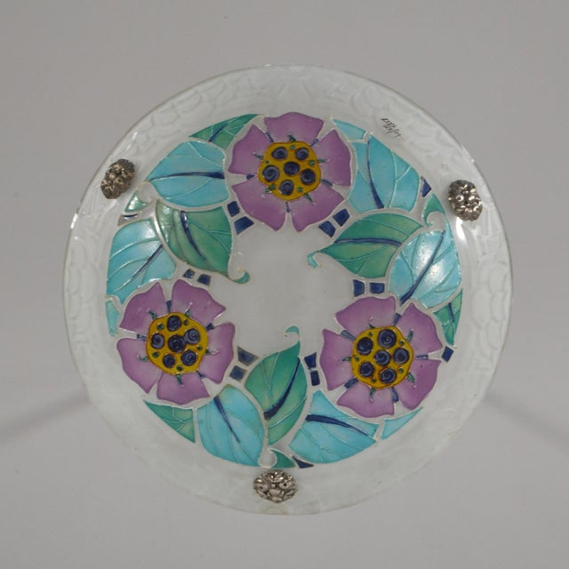 Loys Lucha French Art Deco Pendant Light 1930s - Purple Turquoise Floral Enameled Bowl For Sale - Image 4 of 11