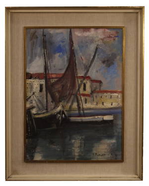 Italian Artist, Harbor View with Boats, 1970, Oil on Cardboard, Framed