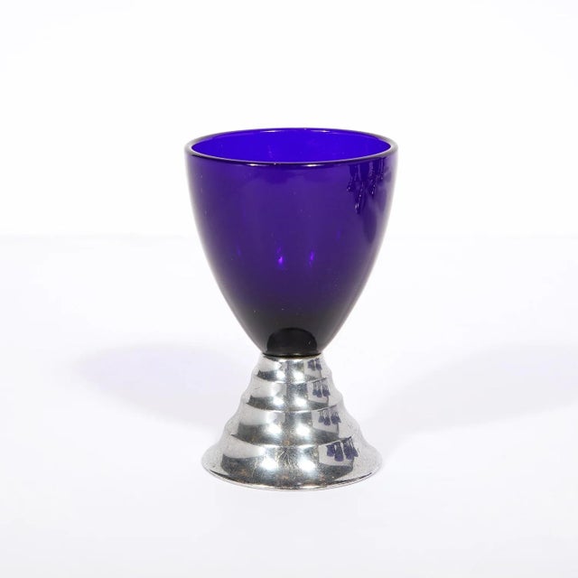 Chase Brass and Copper Company 1930s Art Deco Skyscraper Style "Blue Moon" Cocktail Glasses in Chrome by Chase For Sale - Image 4 of 7