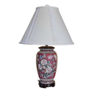 Late 20th Century Chinese Chinoiserie Porcelain Table Lamp With Floral Motif & Silk Shade — 28" For Sale
