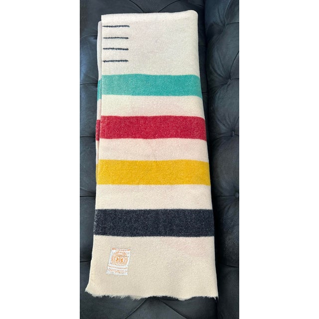 Rare vintage Hudson Bay four point blanket. These 1930s Stacked Label blankets were the first to use larger sized gold on...