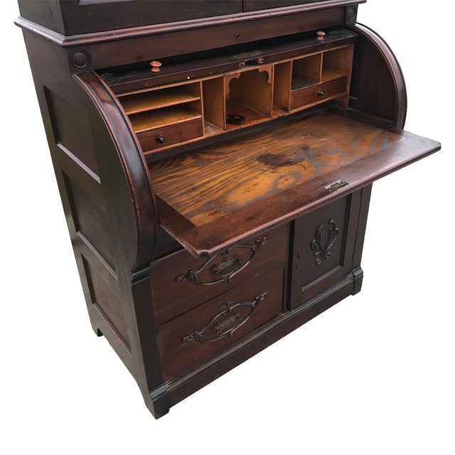 Antique Victorian Walnut Cylinder Roll Secretary Desk w ...
