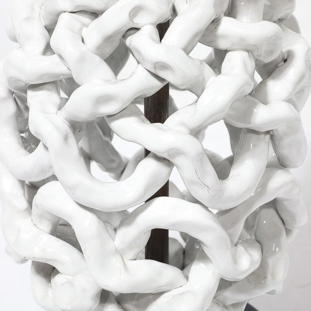 Mid-Century Open Form White Ceramic Table Lamp With Woven Sculptural Motifs For Sale - Image 10 of 12
