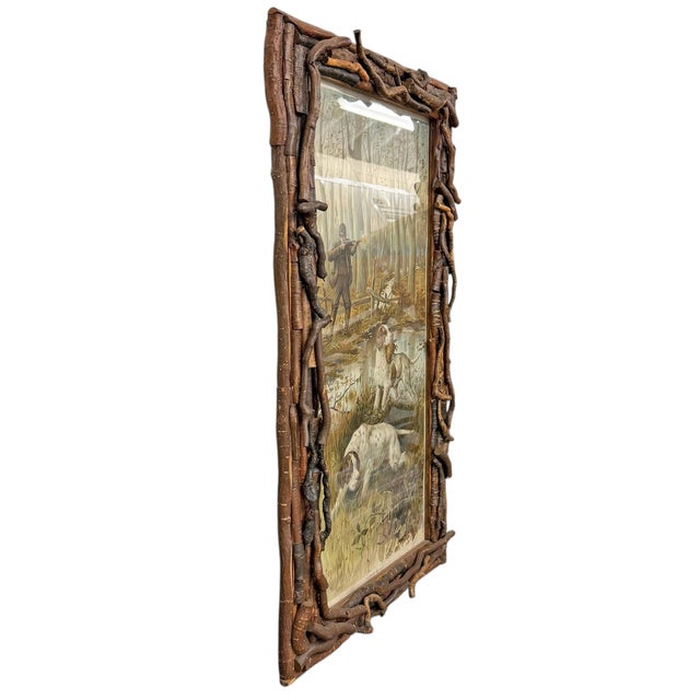 Farmhouse Twig Framed 19th Century Upland Hunt Lithograph Titled 'A Good Shot' For Sale - Image 3 of 12