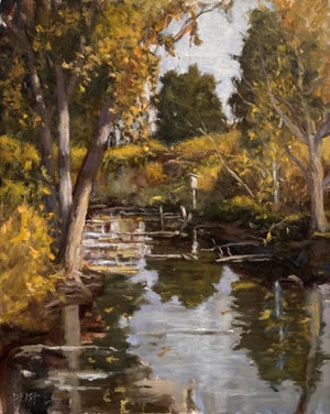 Hudson Gardens by Harold Deist | Oil on Canvas Landscape with water and trees in autumn.
