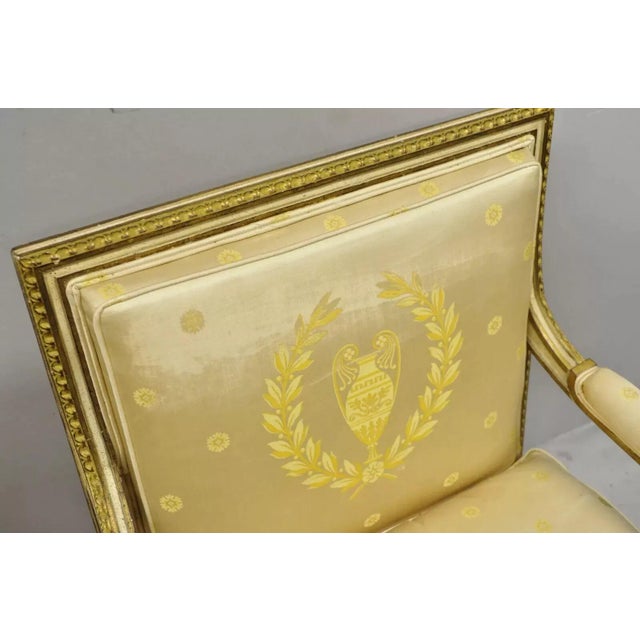 Wood Early 20th Century French Louis XVI Neoclassical Gold Silk Fauteuil Parcel Gilt Armchairs - A Pair For Sale - Image 7 of 12