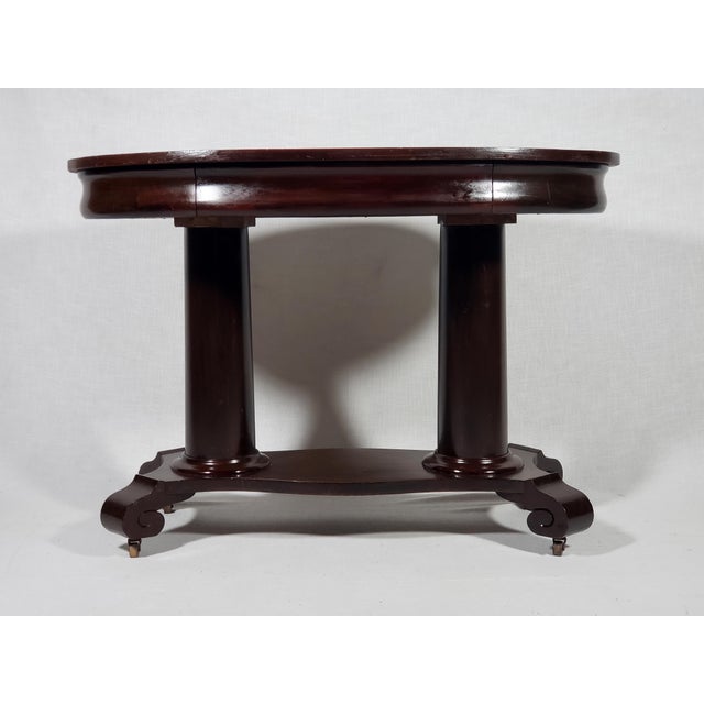 Wood 1940s Vintage Original Empire Style All Wood Double Pedestal Oval Library Table W Drawer & Carved Details For Sale - Image 7 of 12