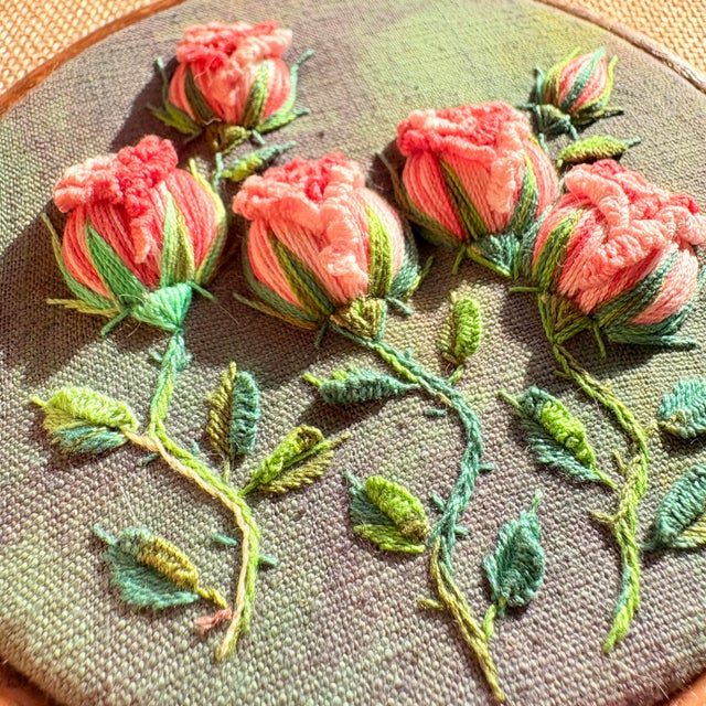 3d Rose Embroidery Wall Art | Pink Roses Stumpwork Hoop (5.3 Inch) For Sale - Image 10 of 13