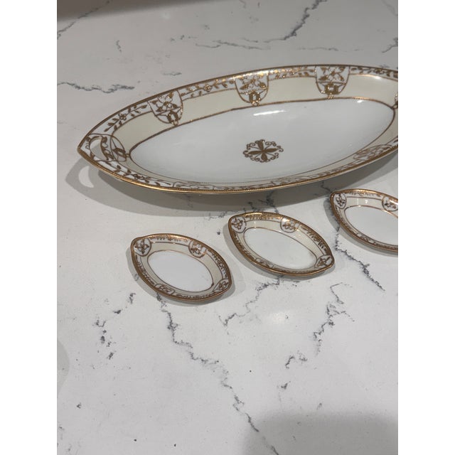 Antique Nippon Hand-Painted Porcelain Celery Bowl & Salt Cellars, Set of 5 – Morimura Brothers, C. 1910–1921 For Sale - Image 4 of 9