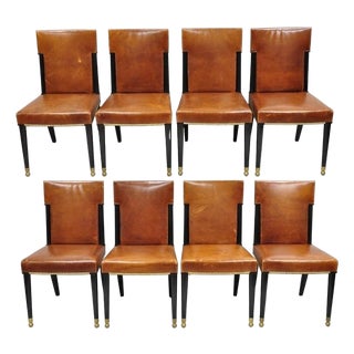 Late 20th Century French Art Deco Style Brown Leather Ebonized Frame Dining Chairs - Set of 8 For Sale