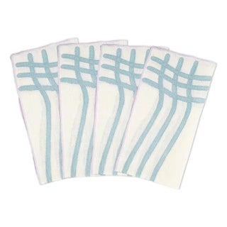 Misette Grid Embroidered Linen Napkins in Baby Blue/Purple, Set of 4 For Sale