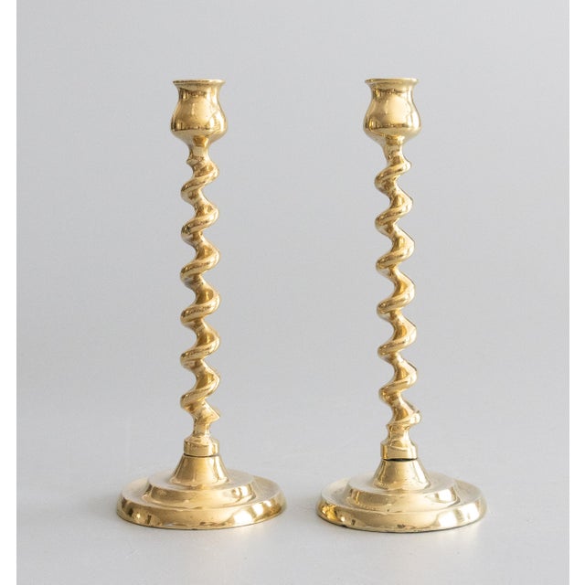 Brass Antique English Brass Barley Twist Candlesticks - A Pair For Sale - Image 8 of 8
