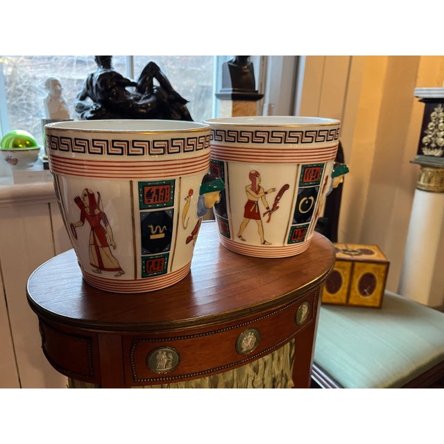 19th Century Antique 19th Century French Empire Paris Porcelain Cachepots in the Egyptian Revival Manner - a Pair For Sale - Image 5 of 10