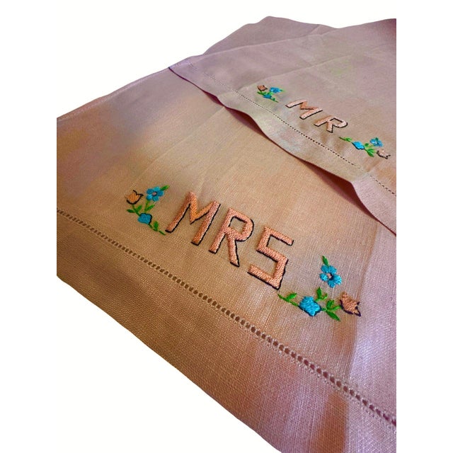 Blush Vintage Mr & Mrs Embroidered Linen Towels Set Blush Apricot Monogram Floral Boudoir Hand Towels For Sale - Image 8 of 12