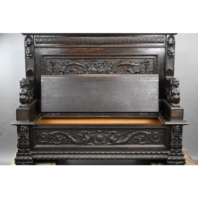 Antique Heavil Carved Oak Bench, 1860 For Sale - Image 12 of 18