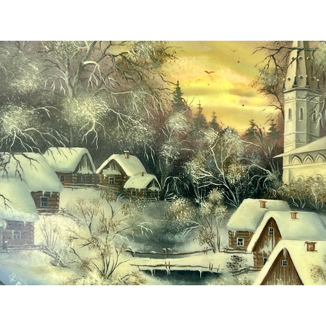 Vintage Russian Black Lacquer Fedoskino Box, Mother of Pearl Sunset, Winter Snow, Artist Signed & Dated For Sale - Image 12 of 13