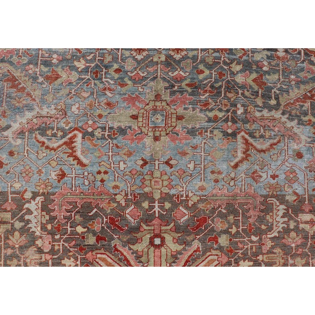 Traditional Persian Antique Serapi Rug With All-Over Geometric Design in Gray-Blue and Red For Sale - Image 3 of 14