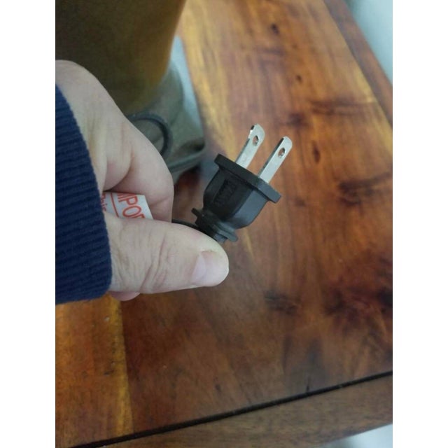 Metal Urn Shaped Lamp With Metal Fronds Asian Inspired Jungle Chic Scrolling Metal Handles Moss Brown Crackle Glaze For Sale - Image 7 of 9