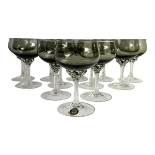 Mid Century 1950s Sasaki Coronation Champagne Coupes Gray Smoke Art Glass Cocktail Glasses Set of 12 For Sale