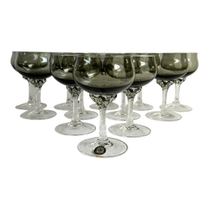 Mid Century 1950s Sasaki Coronation Champagne Coupes Gray Smoke Art Glass Cocktail Glasses Set of 12