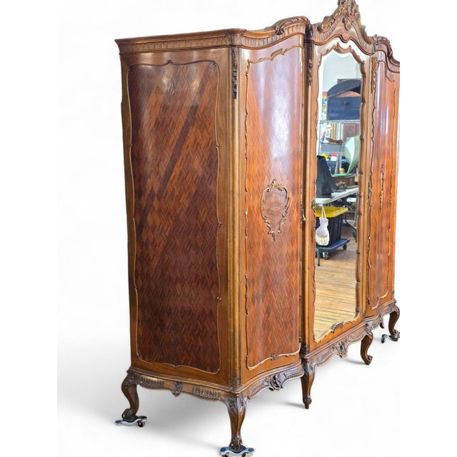 Victorian Early 1900s Triple Width Walnut Louis XV French Style Armoire. For Sale - Image 3 of 18
