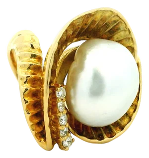 Vintage Italian 18k Gold South Sea Pearl and Diamond Cocktail Ring, 1970s, Size 5.5