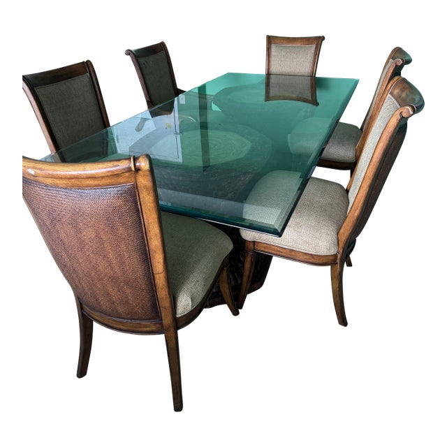 Glass Dining Table With Marble/Wood Pedestals For Sale