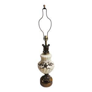 Mid-Century Hollywood Regency Lamp – Brass Cherubs & Floral Spray on Swirled Glass