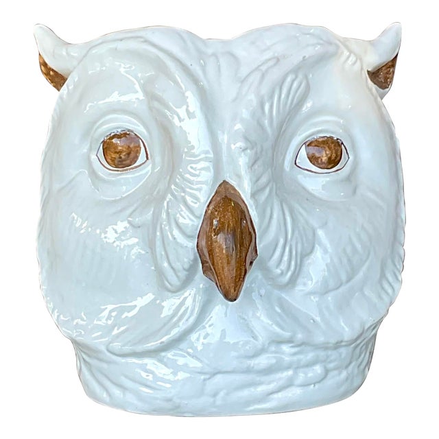 Vintage Regency Italian Hand Painted Owl Cache Pot For Sale