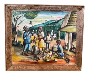 1969 Haitian Village Scene Folk Art Style Painting by Pierre Augustin, Framed