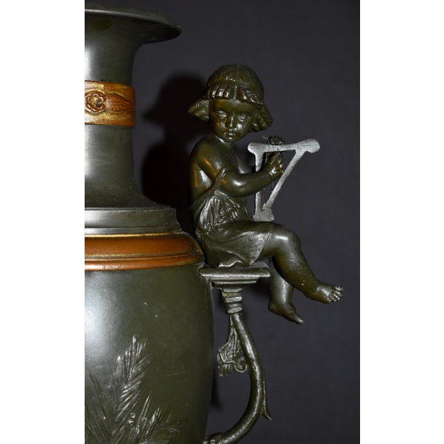 Bronze Vintage Mixed Metal Vase French Style Urn With Figural Cherubs and Cranes For Sale - Image 8 of 17