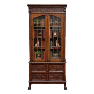 Antique English Jacobean Bookcase Cabinet Double Door Glass Drawers Oak c.1930s For Sale