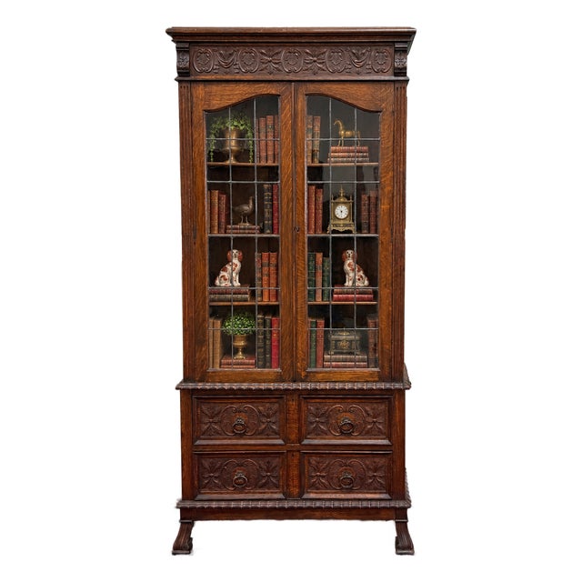 Antique English Jacobean Bookcase Cabinet Double Door Glass Drawers Oak c.1930s For Sale