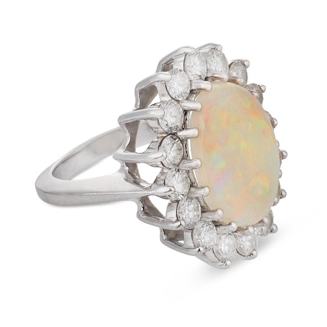 1990s Mid Century Opal Diamond 14k White Gold Cocktail Ring, Size 4.5 For Sale - Image 5 of 5