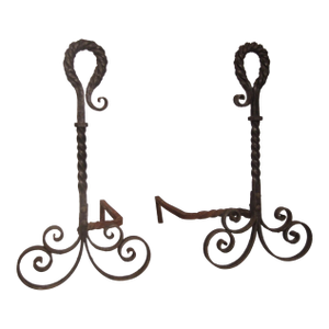 Antique Turned Wrought Iron Pair of Andirons