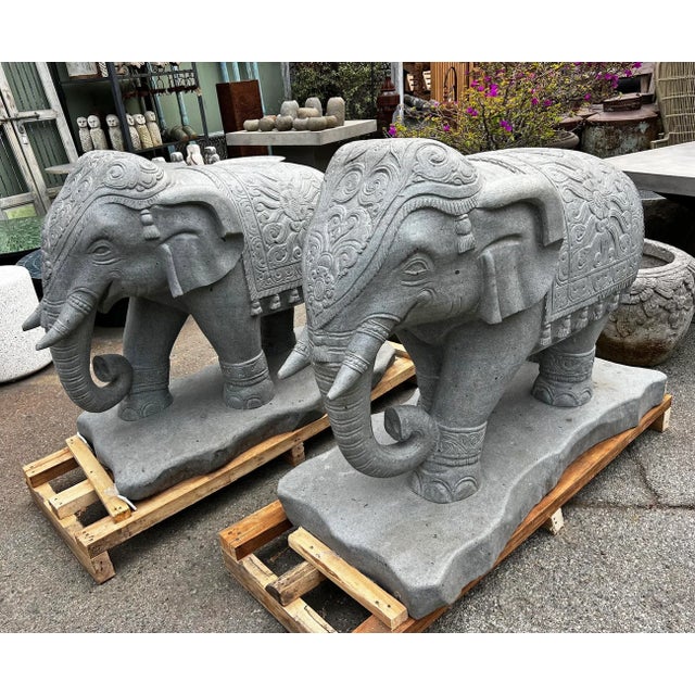 Late 20th Century Pair of Vintage Stone Carved Elephant Statues For Sale - Image 5 of 12