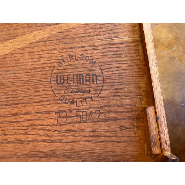 Antique Weiman Heritage Mahogany Round Occasional or Game Table With Leather Inset Top and Pineapple Carved Base For Sale - Image 9 of 10