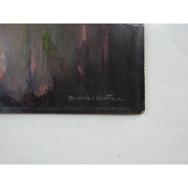 Mid 20th century abstract oil on canvas board painting. Signed Richard J. Monagu lower right corner. Artist tag on verso...