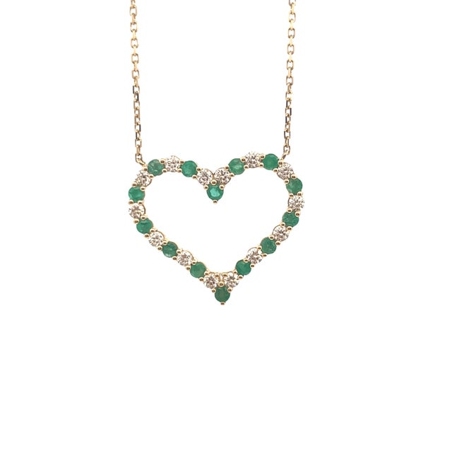 Metal 14k Yellow Gold Heart Necklace With Emeralds and Diamonds For Sale - Image 7 of 10