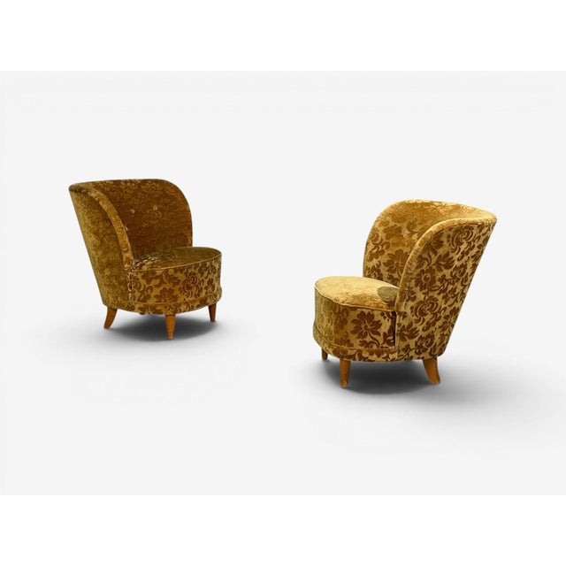 Brown Finnish Modern, Easy Chairs, Damask, Beech, Finland, 1940s For Sale - Image 8 of 13