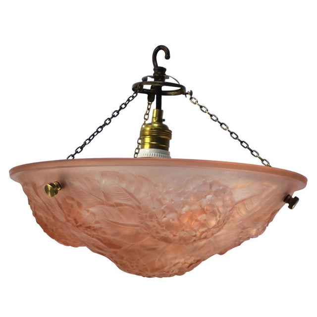 Pink Art Nouveau French Brass and Pink Pressed Glass Pendant Light, 1920s For Sale - Image 8 of 8