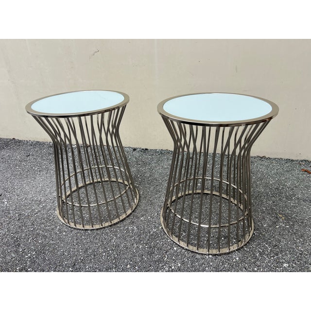 Mid-Century Modern Chrome End Tables Cage Milky Glass Tops For Sale - Image 3 of 4