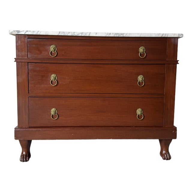 Vintage French Empire Style Mahogany Commode With Marble Top and Carved Lion Paw Feet For Sale